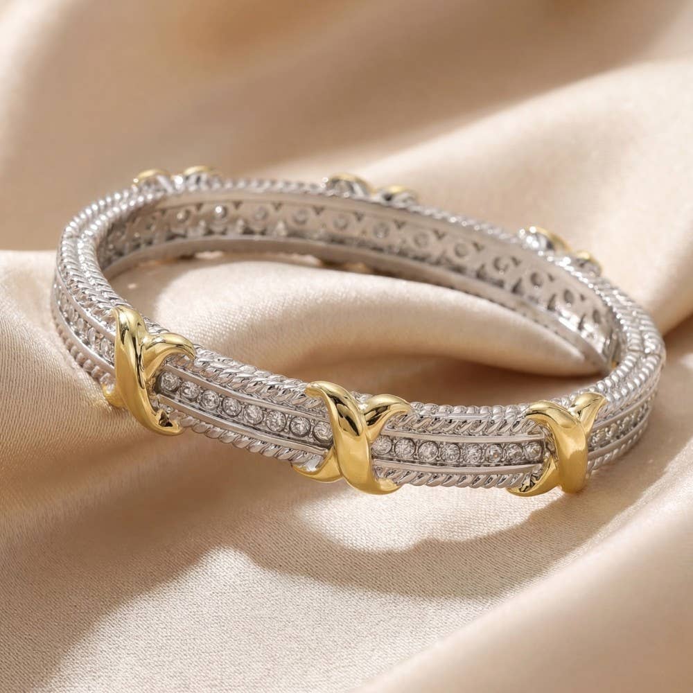 Gold Dipped Two Tone Cz Hinge Bangle Bracelet