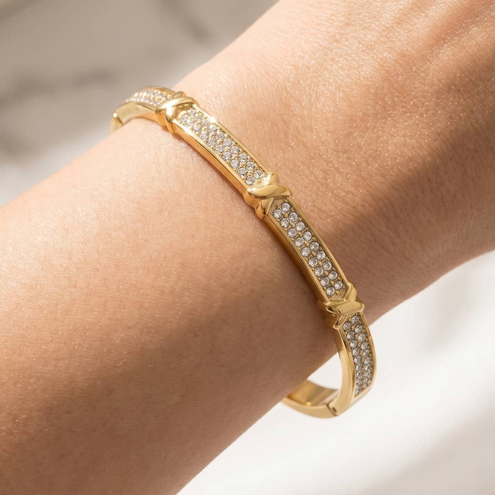 Gold Dipped Pave Cz X Divider Bangle Bracelet