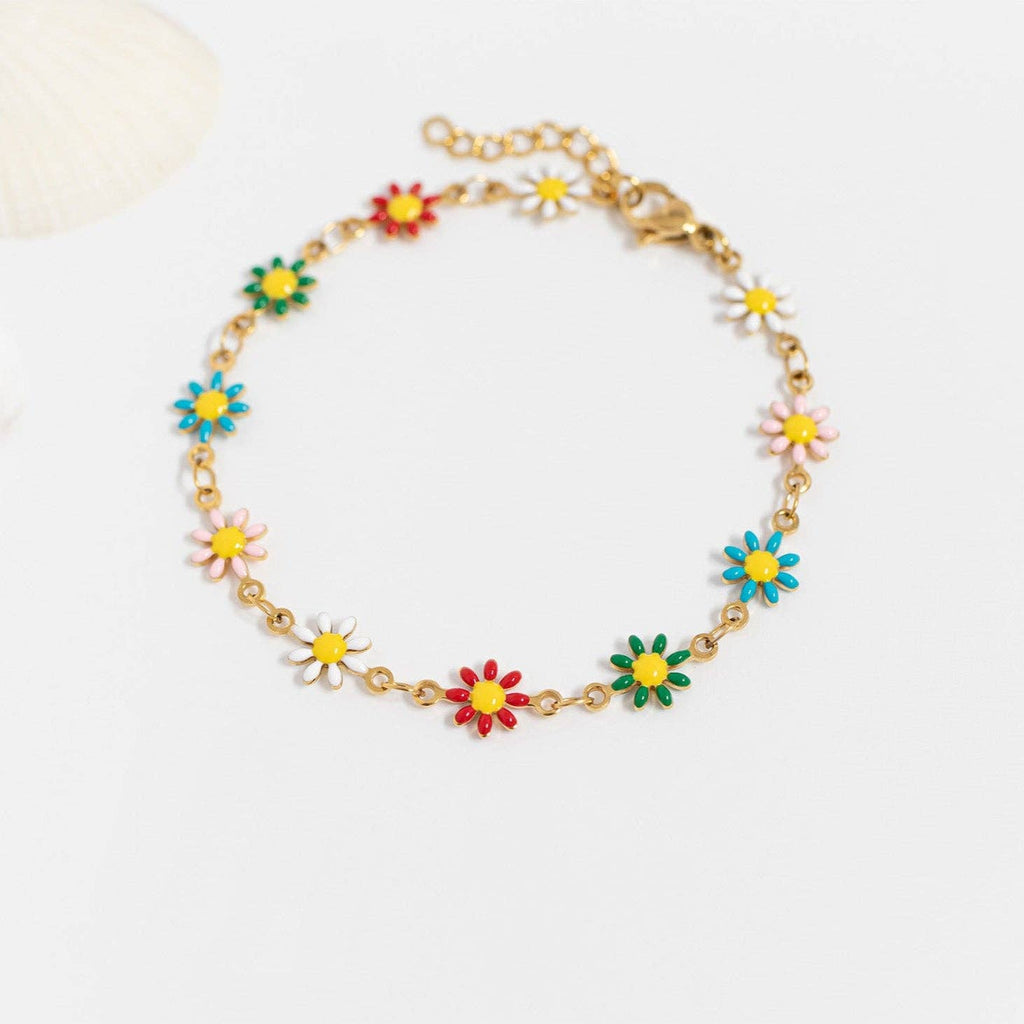 18K Gold PVD Multi Colored Floral Chain Bracelet