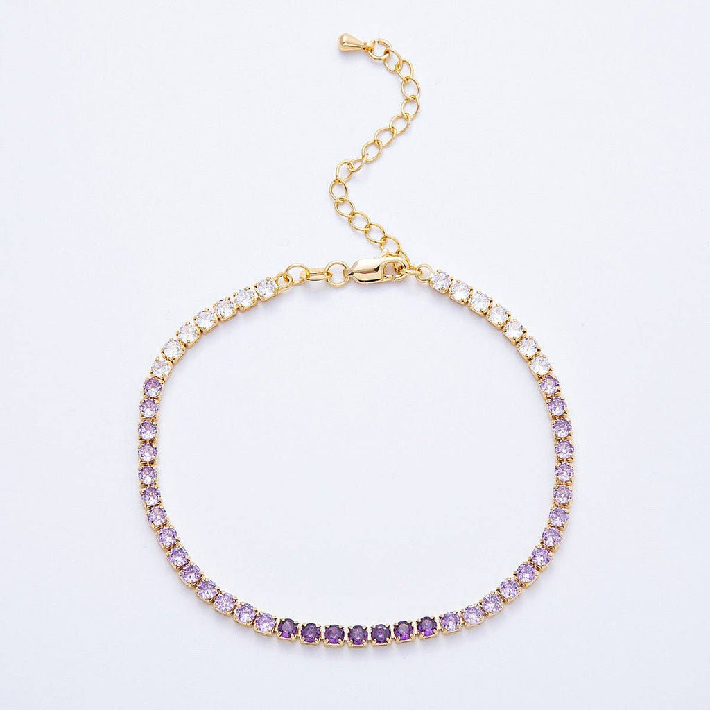 18K Gold Filled 3mm Purple, Green, Pink, Blue CZ Gradient Tennis Chain 7.87 Inch Bracelet w. Extender | WA-04222