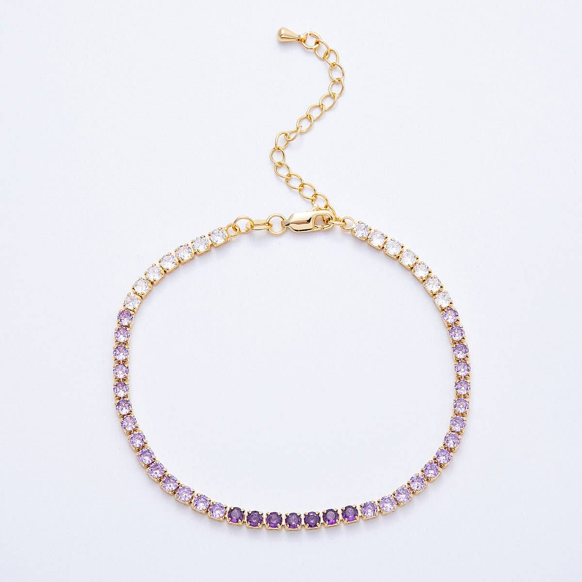 18K Gold Filled 3mm Purple, Green, Pink, Blue CZ Gradient Tennis Chain 7.87 Inch Bracelet w. Extender | WA-04222