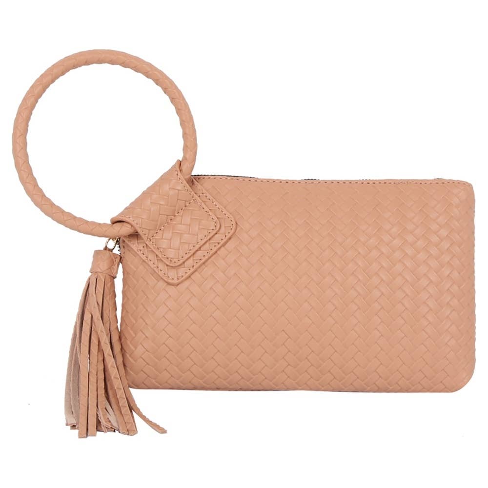 Faux Leather Woven Fringe Cuff Handle Clutch Bag
