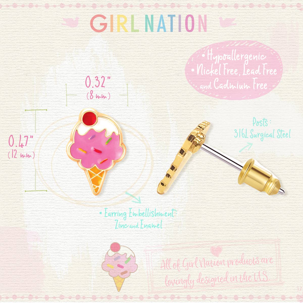 Ice Cream Dream | Cutie Stud Earrings | Hypoallergenic