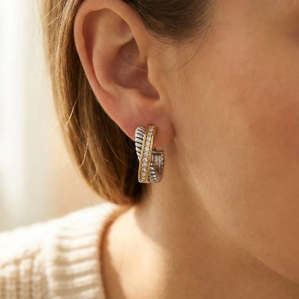 Two Tone Cz Pave Layered Hoop Earrings