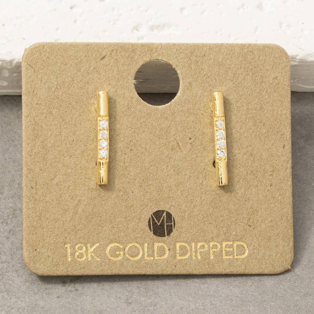 18K Gold Dipped Cz Pave Bar Stud Earrings