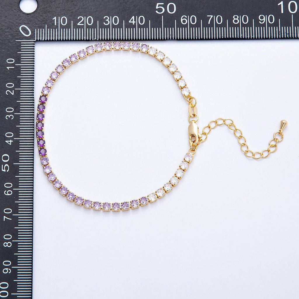 18K Gold Filled 3mm Purple, Green, Pink, Blue CZ Gradient Tennis Chain 7.87 Inch Bracelet w. Extender | WA-04222