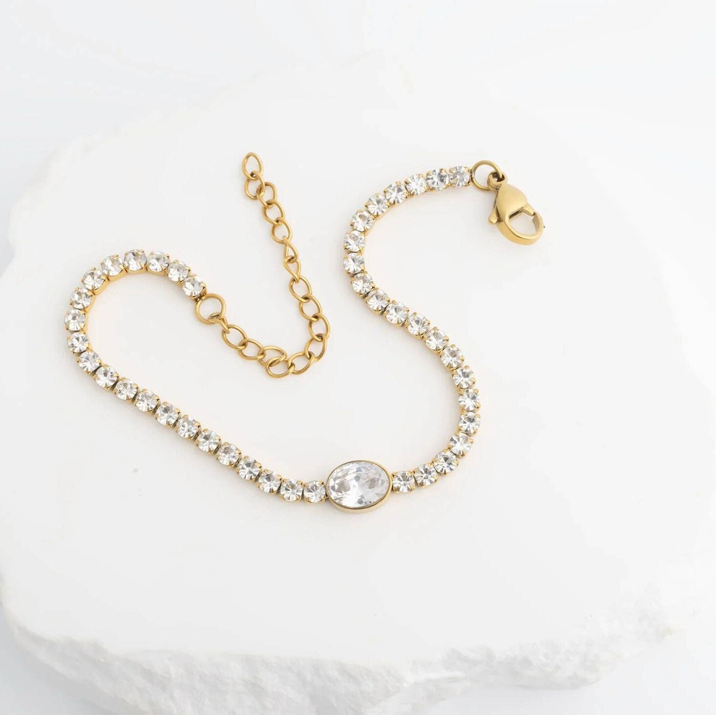 Oval Center Stone Tennis Chain Bracelet