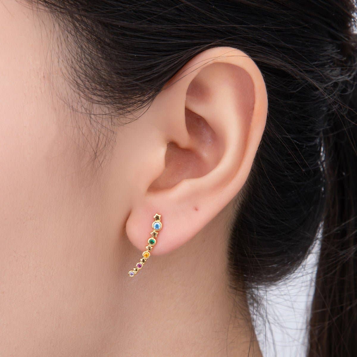 18K Gold Filled Multicolor Round CZ Shooting Star Ear Climber Earring | AJ-187