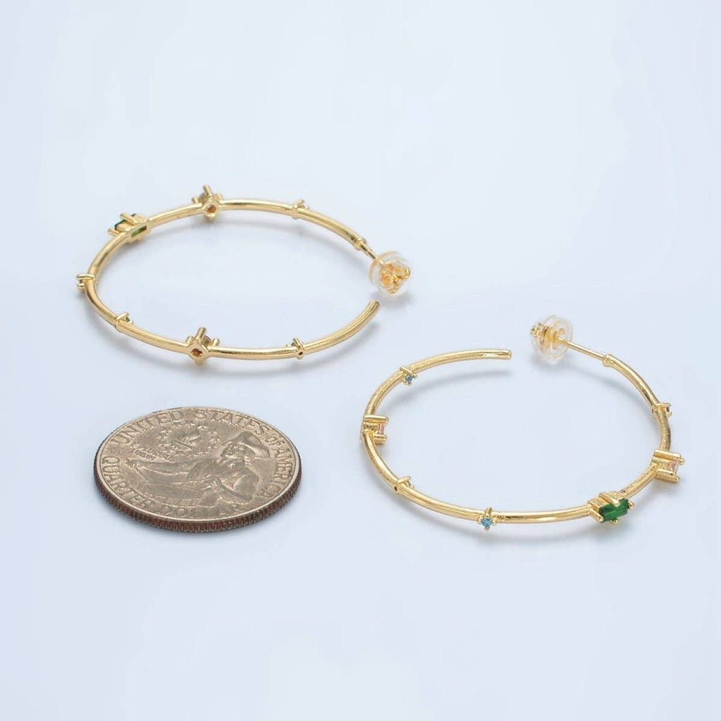 24K Gold Filled 40mm Clear Green Baguette CZ C-Shaped Hoop Earrings | Q300