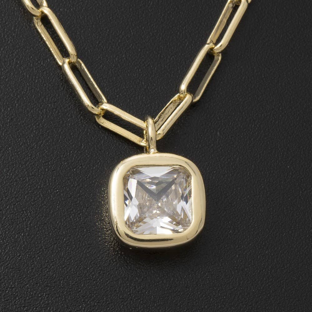 Gold Dipped Cz Cushion Cut Bezel Paperclip Necklace