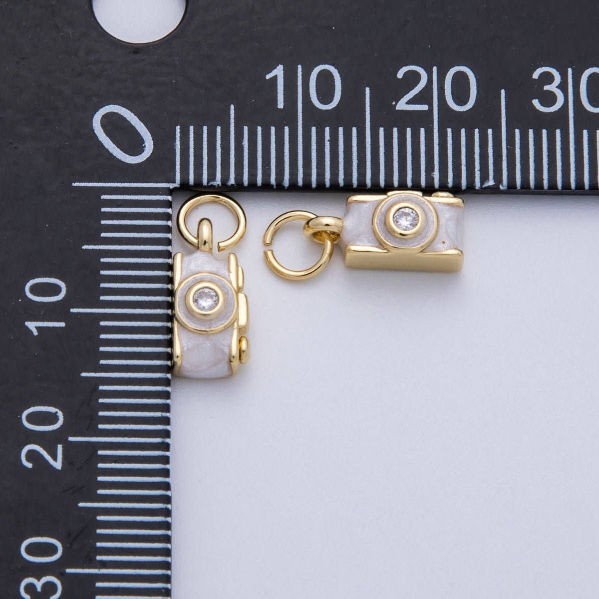 14K Gold Filled 12mm White Enamel Film Retro Digital Camera 3D Multidimensional Charm | Charms-00060
