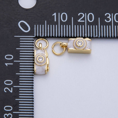 14K Gold Filled 12mm White Enamel Film Retro Digital Camera 3D Multidimensional Charm | Charms-00060