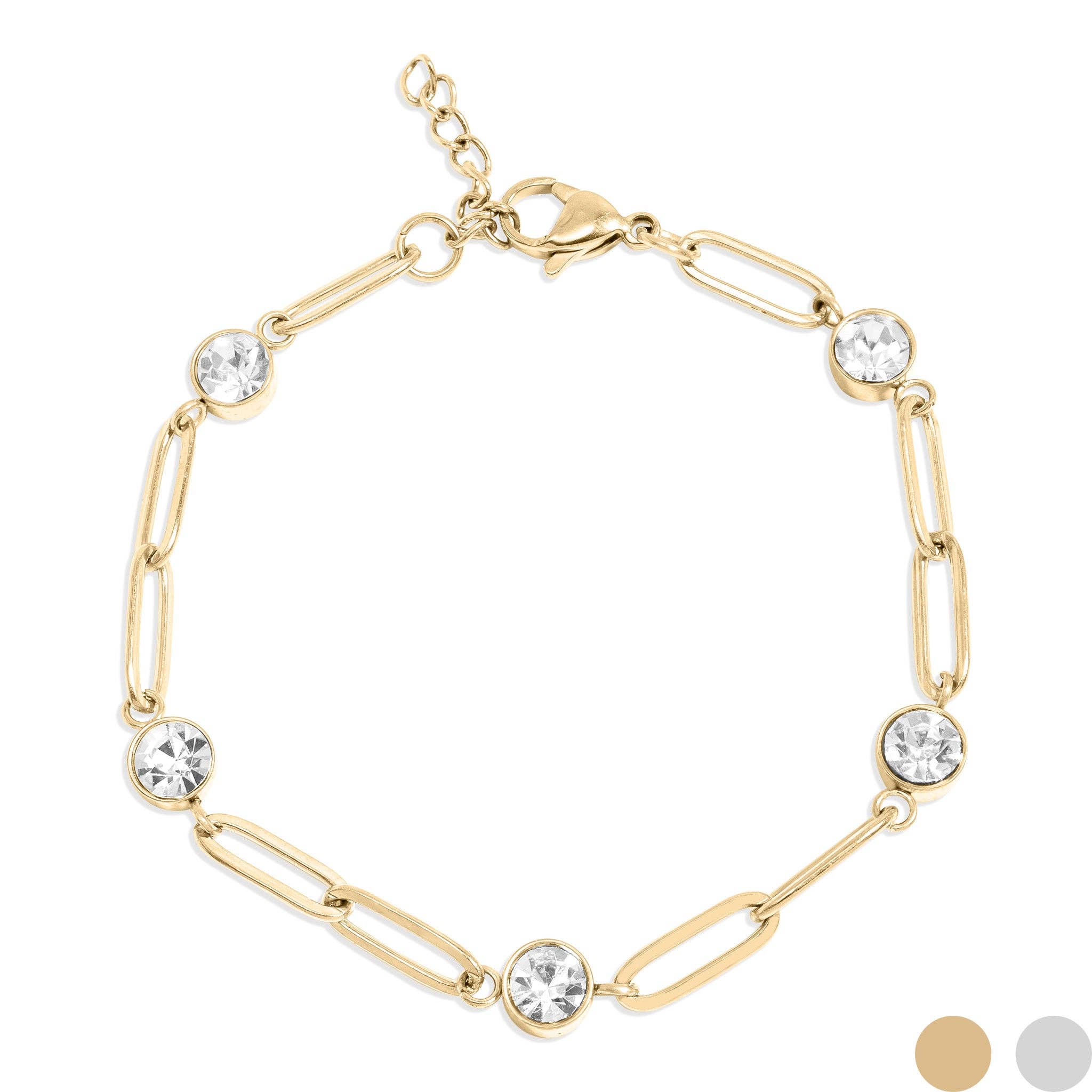 18K Gold PVD Station Stone Stone Paperclip Chain Bracelet