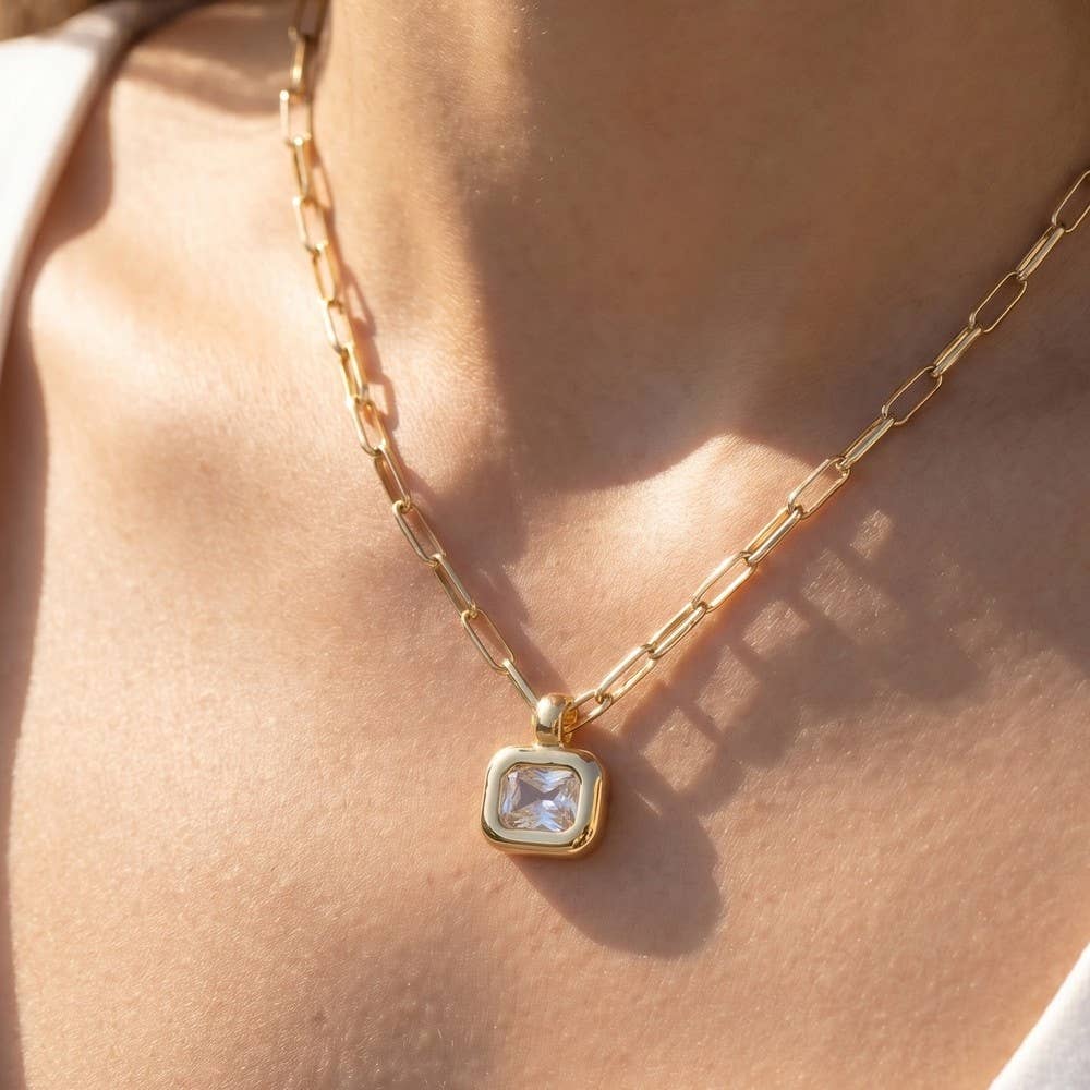 Gold Dipped Cz Emerald Cut Bezel Paperclip Necklace