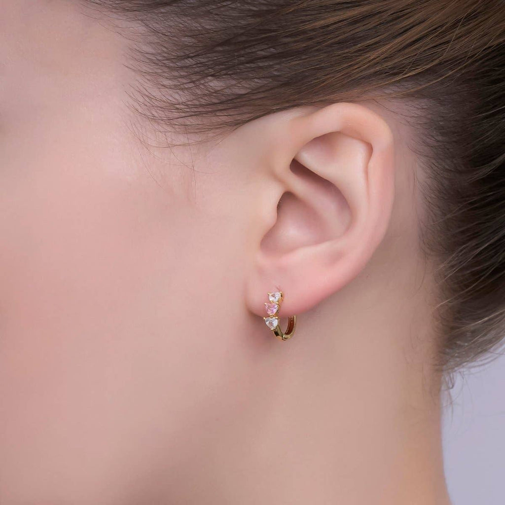24K Gold Filled 11.5mm Clear Pink CZ Heart Cartilage Huggie Earrings | T294