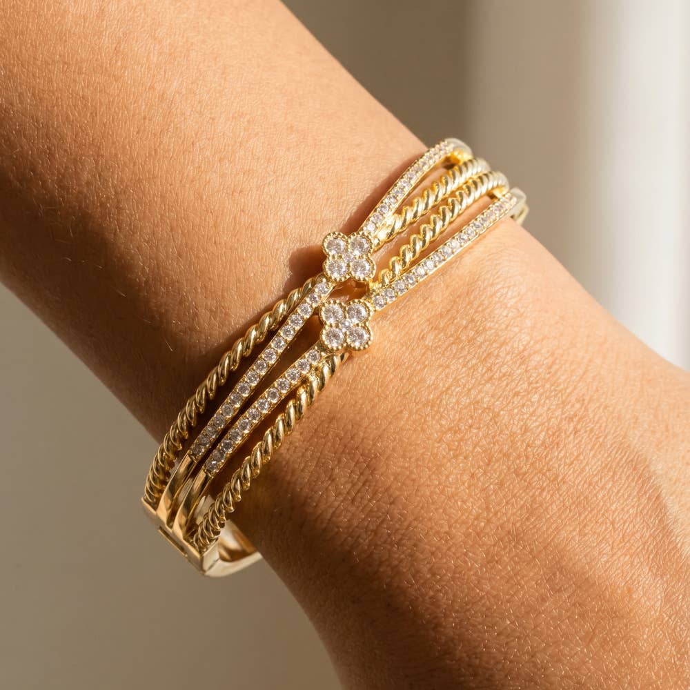 Triple Row Hinged Bangle With Cz Clover Accent