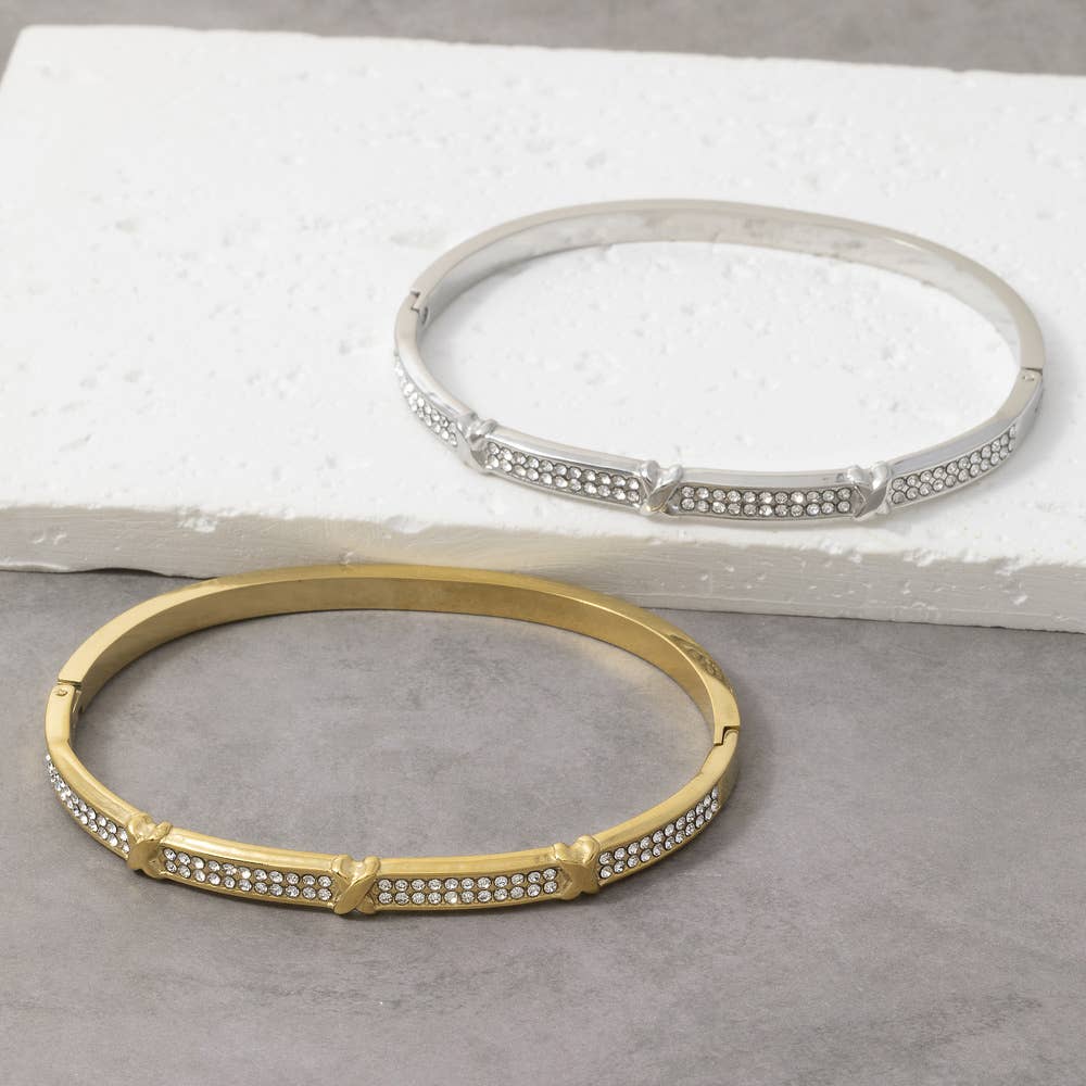 Gold Dipped Pave Cz X Divider Bangle Bracelet