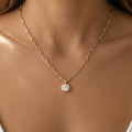 Round Bezel Cz Paperclip Chain Pendant Necklace