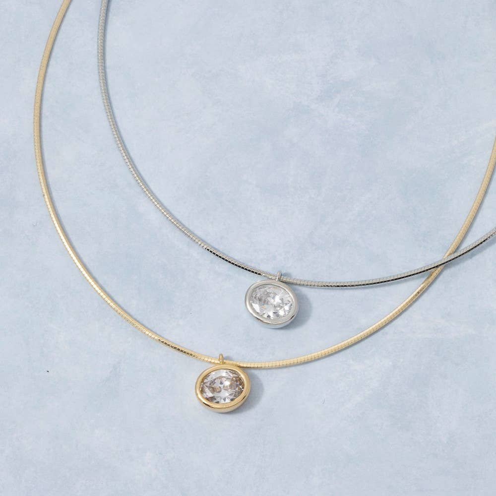 Gold Snake Chain Oval Cz Pendant Necklace