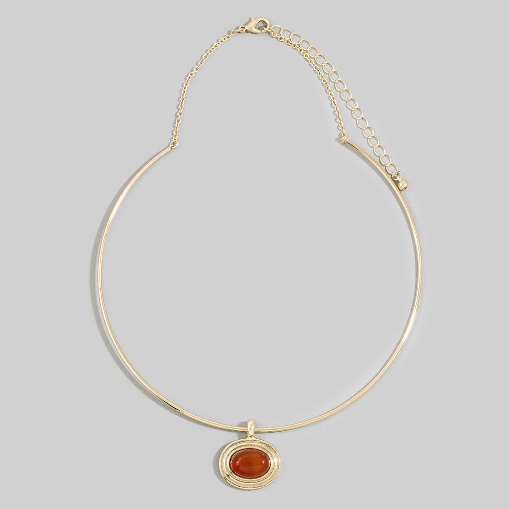 Oval Semi Stone Pendant Omega Wire Collar Necklace