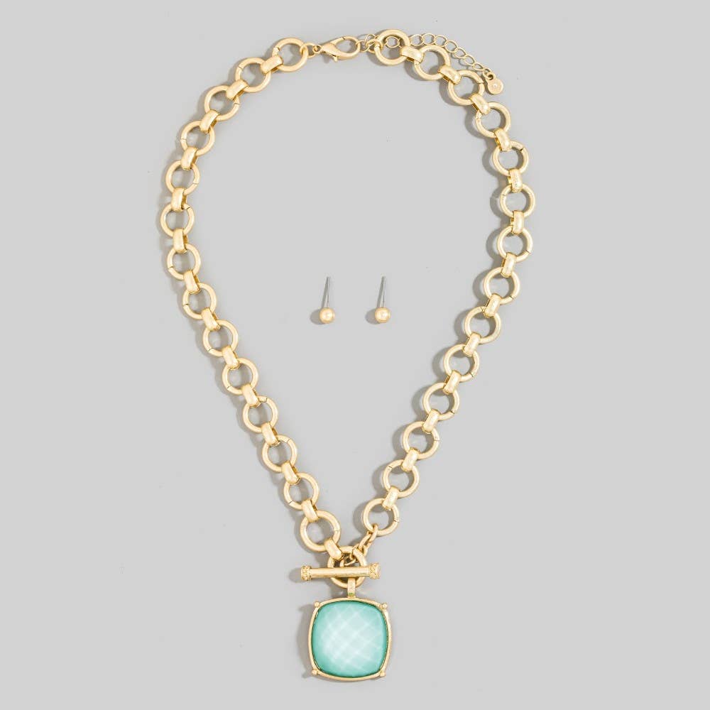 Large Square Faceted Stone Pendant Toggle Chain Necklace