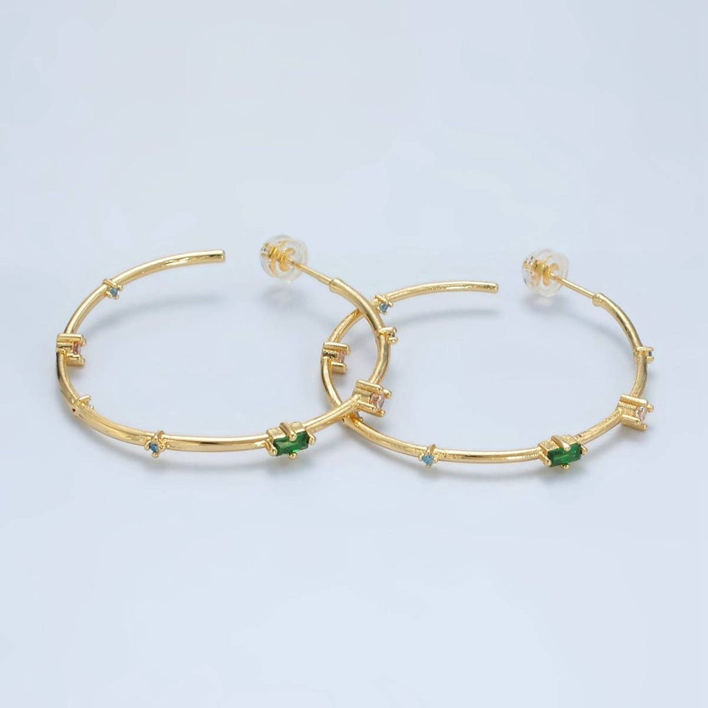 24K Gold Filled 40mm Clear Green Baguette CZ C-Shaped Hoop Earrings | Q300