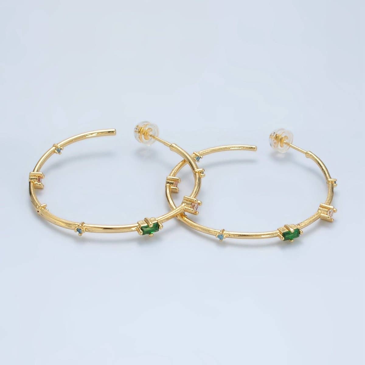 24K Gold Filled 40mm Clear Green Baguette CZ C-Shaped Hoop Earrings | Q300