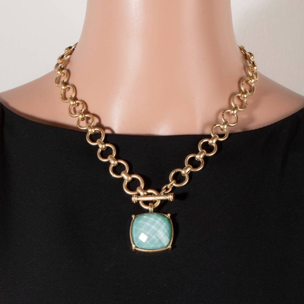 Large Square Faceted Stone Pendant Toggle Chain Necklace