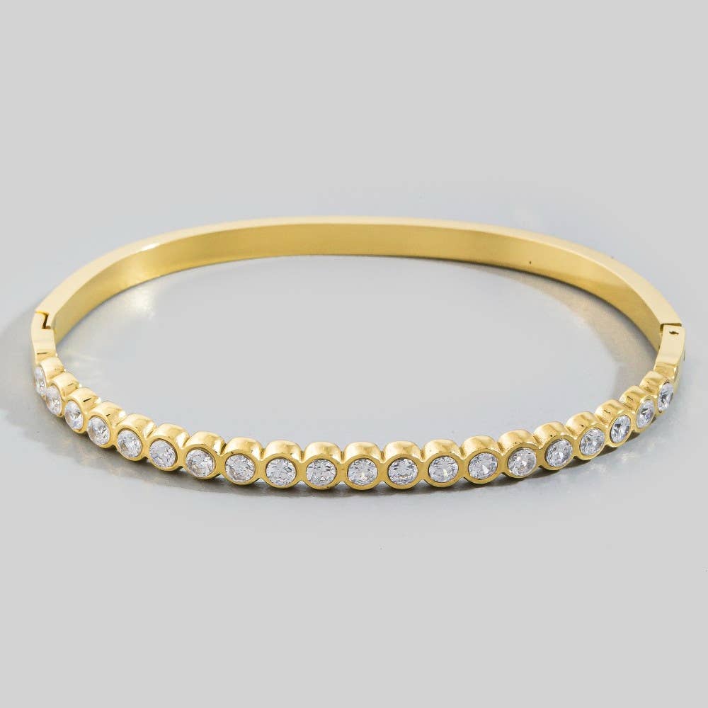 Stainless Steel Bezel Set Crystal Hinged Bangle Bracelet