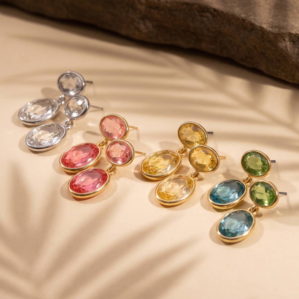 Faceted Double Oval Bezel Drop Earrings