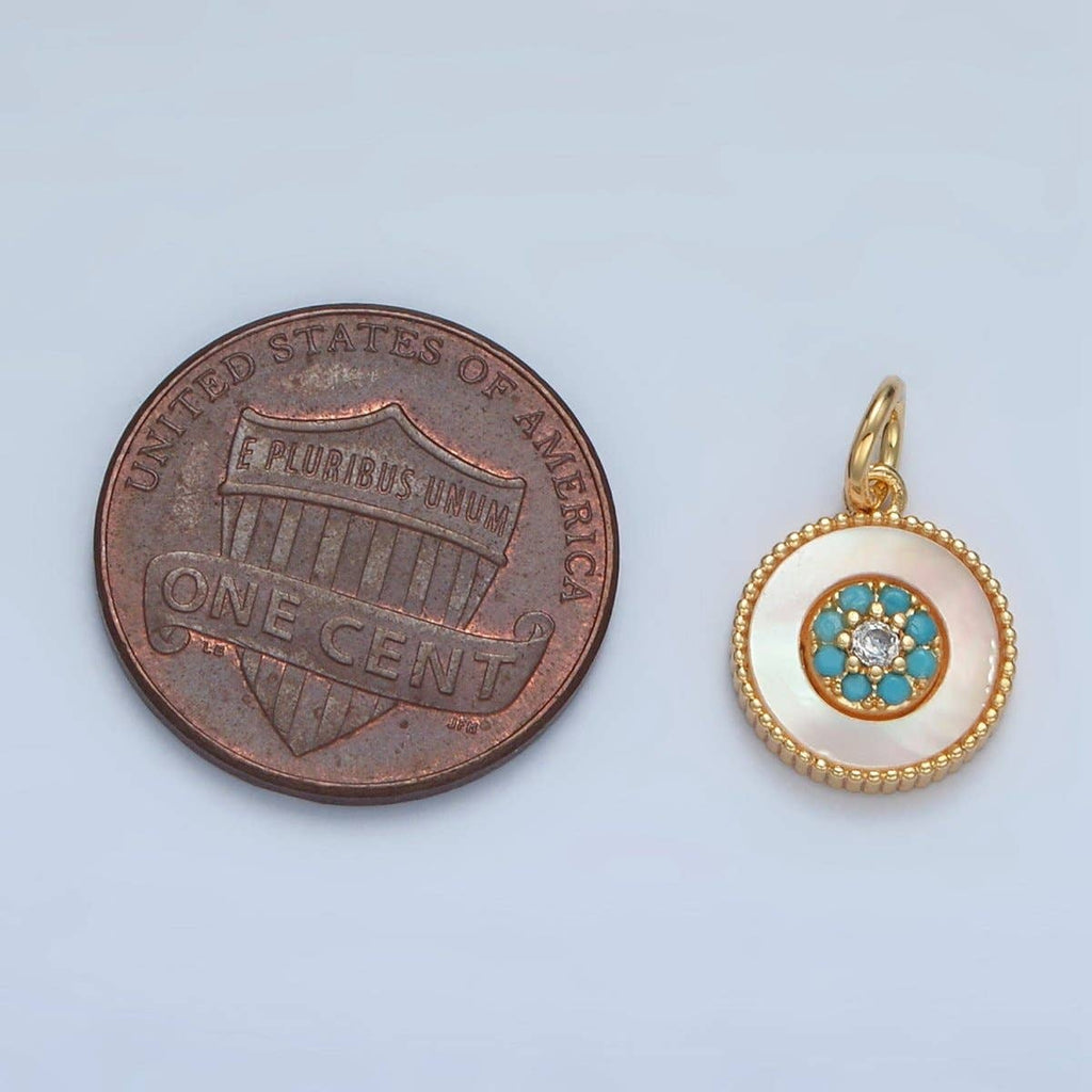 24K Gold Filled Turquoise Micro Paved Shell Pearl Round Charm | M869