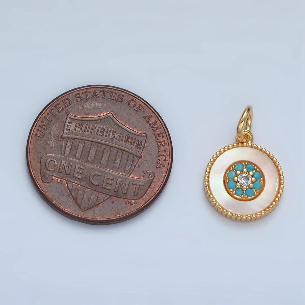 24K Gold Filled Turquoise Micro Paved Shell Pearl Round Charm | M869