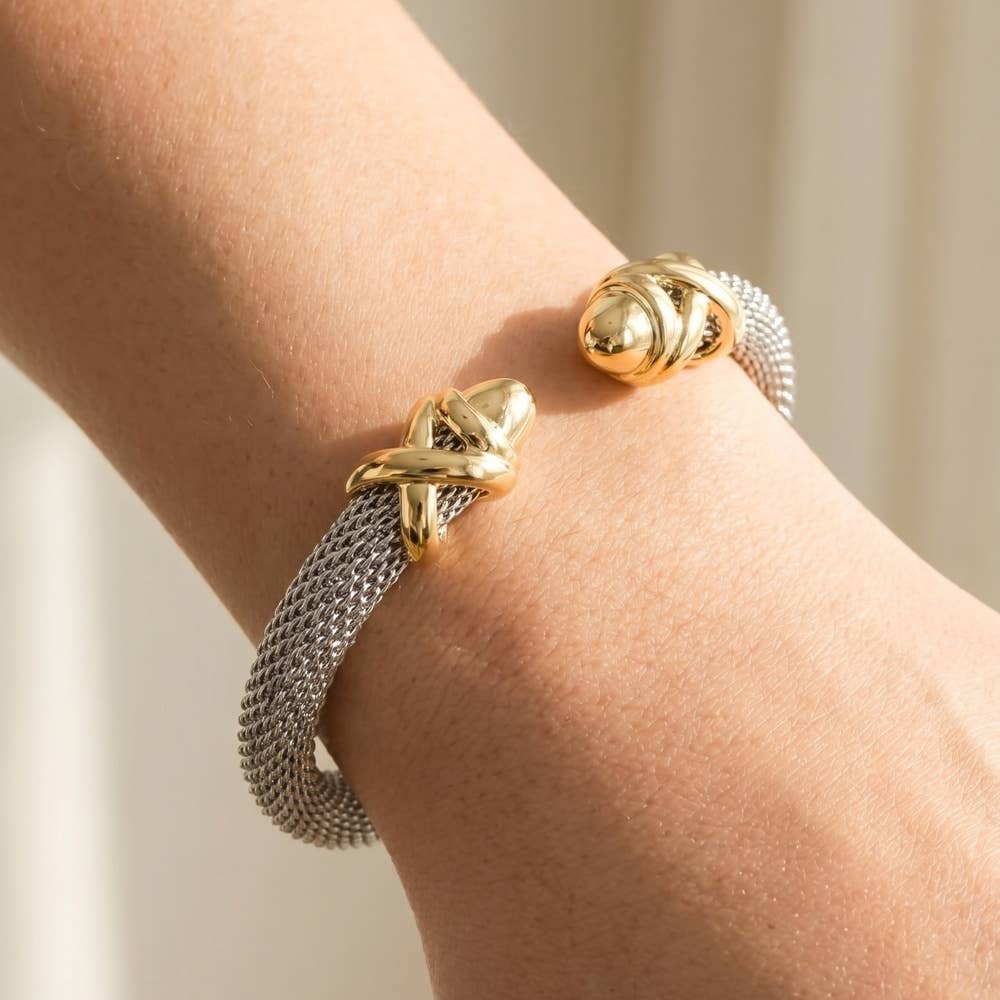 Two Tone Mesh Tube Knot End Cap Cuff Bracelet