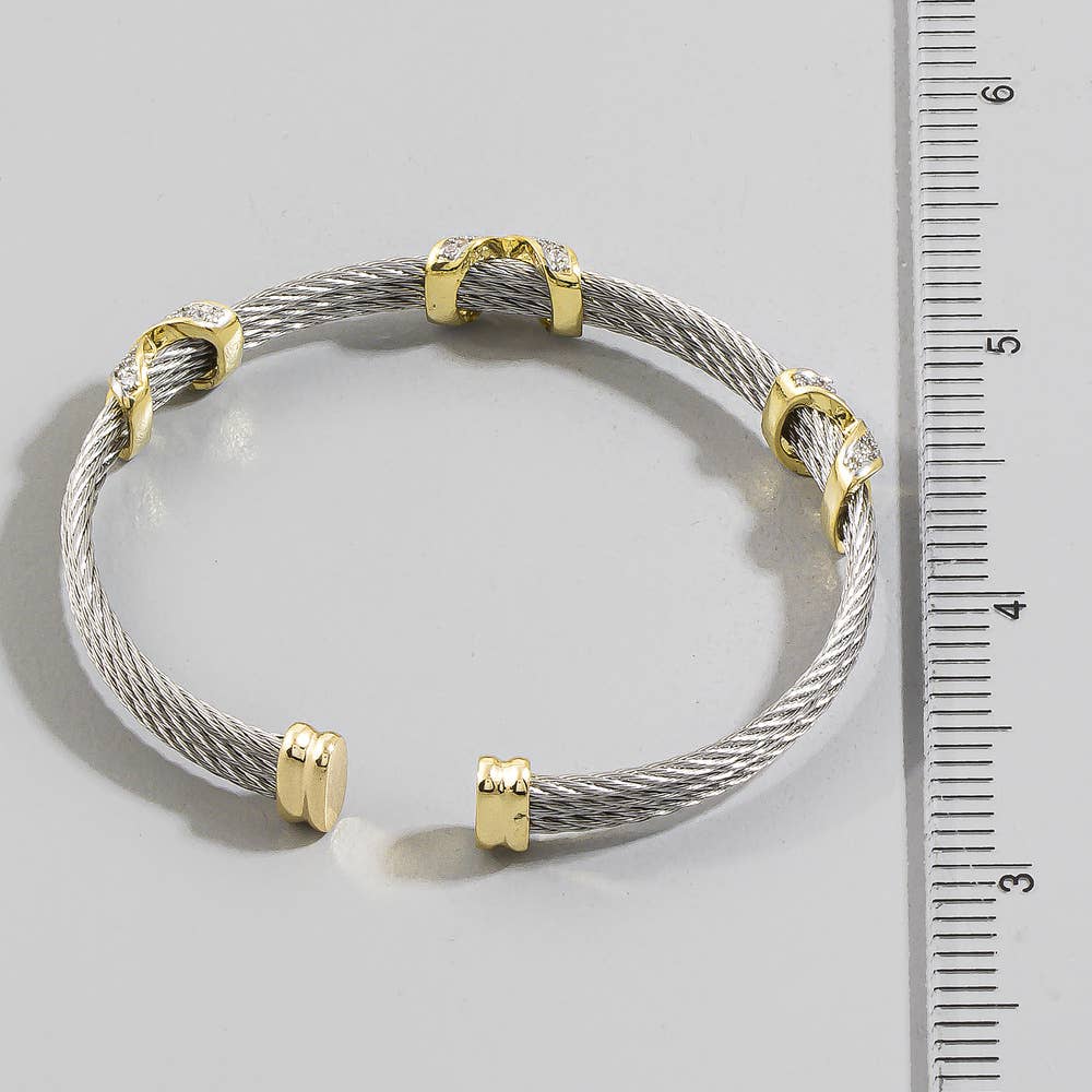 Two Tone Cable Cuff Bracelet With Cz X Connector