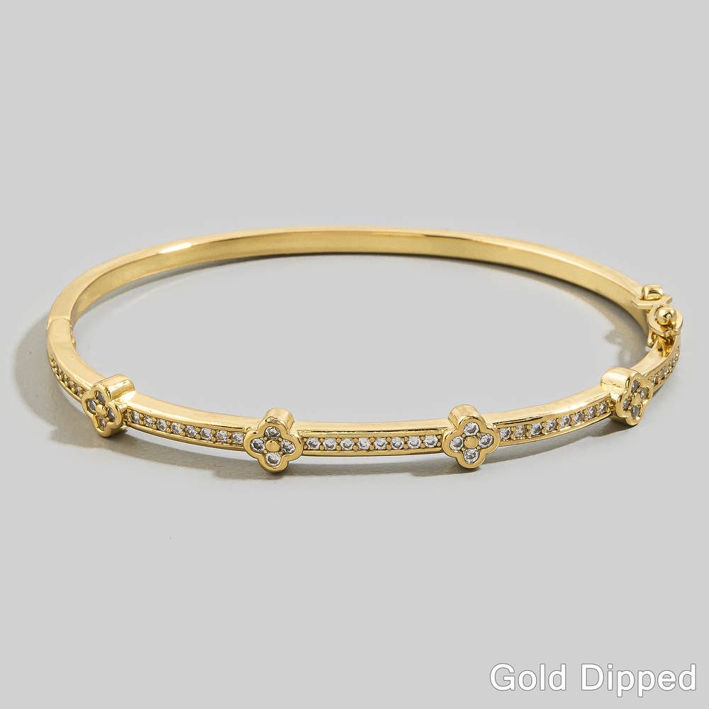 Gold Dipped Cz Pave Clover Station Bangle Bracelet