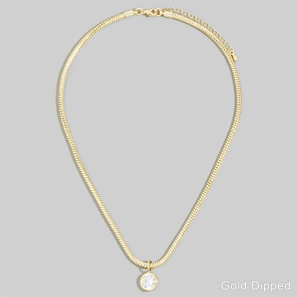 Bold Herringbone Chain Cz Bezel Pendant Necklace