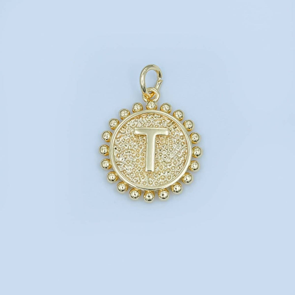 24K Gold Filled Initial Letter Geometric Dotted Round Charm | A292 - A304