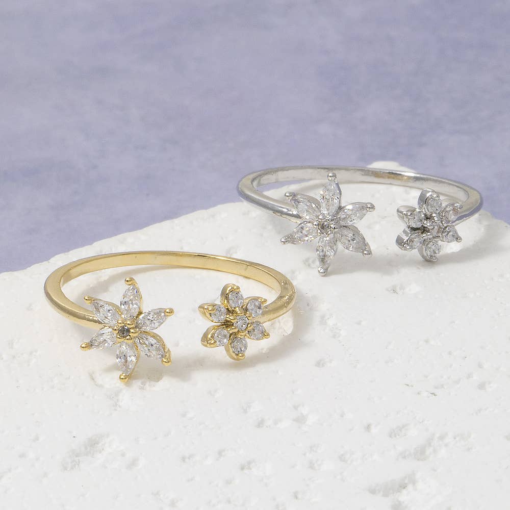 Gold Dipped Cz Double Flower Open Ring