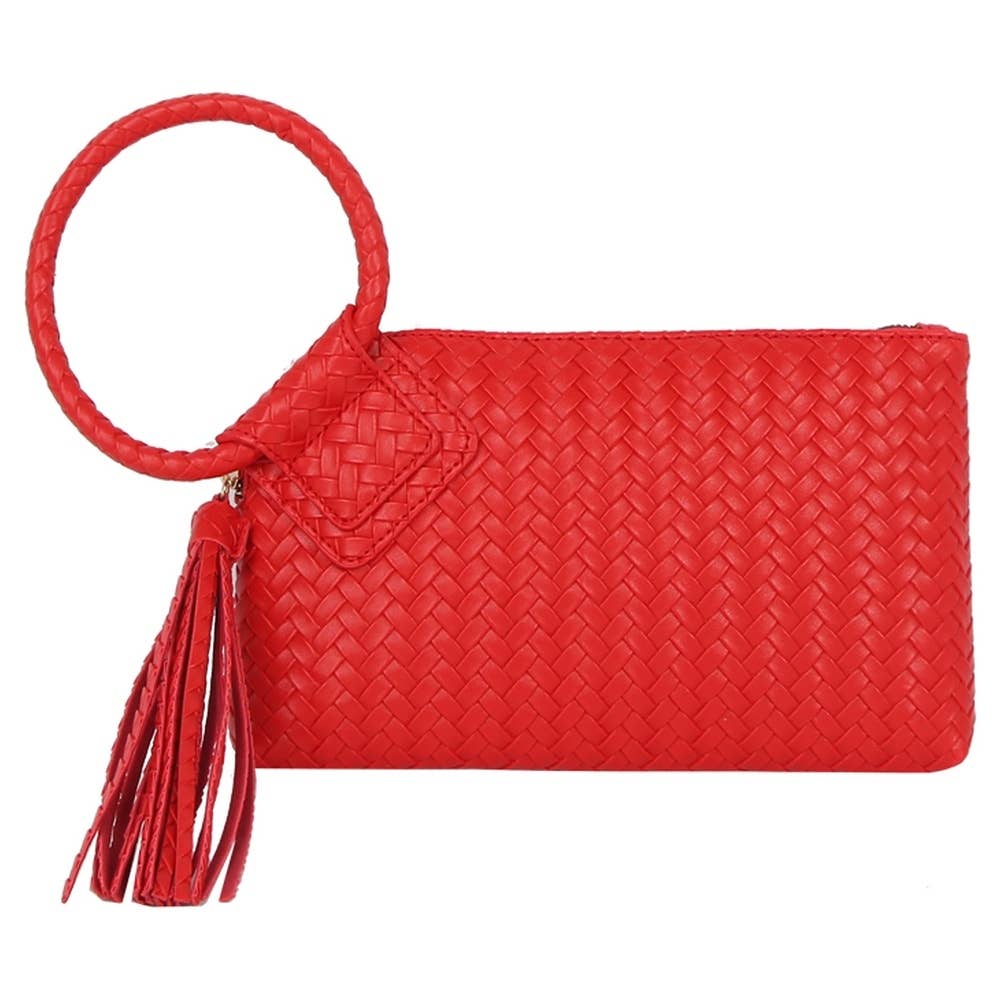 Faux Leather Woven Fringe Cuff Handle Clutch Bag
