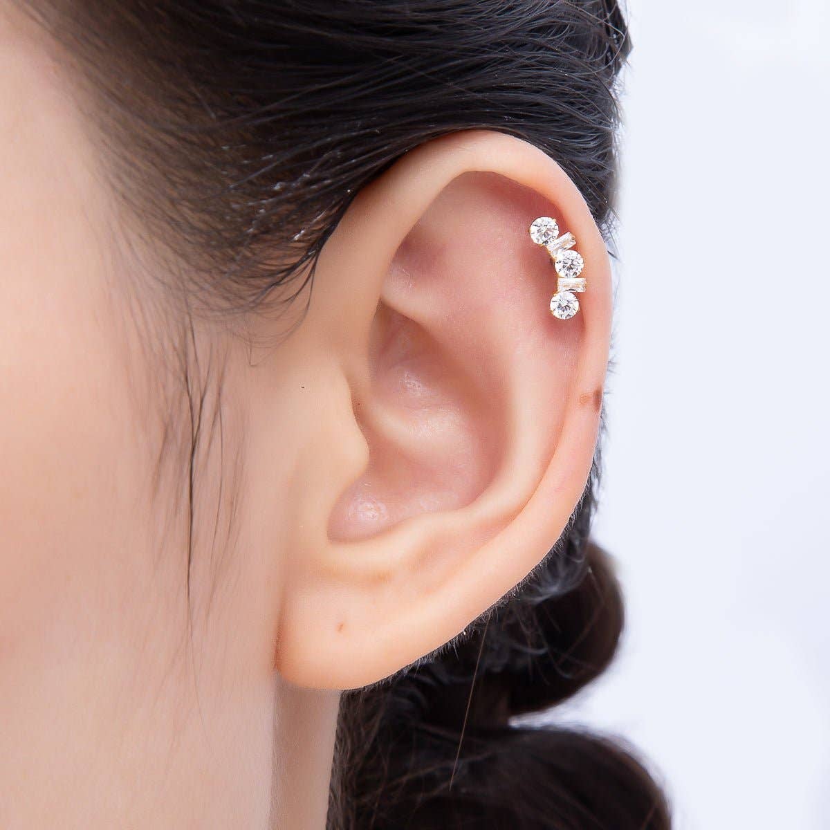 Titanium 5mm Clear CZ Round Baguette Curved Cartilage Piercing Flat Back Stud in Gold & Silver | Findings-00395 Findings-00396
