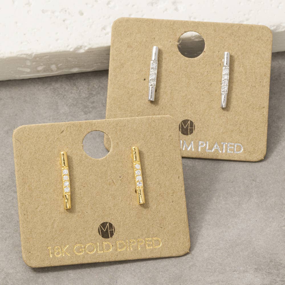 18K Gold Dipped Cz Pave Bar Stud Earrings
