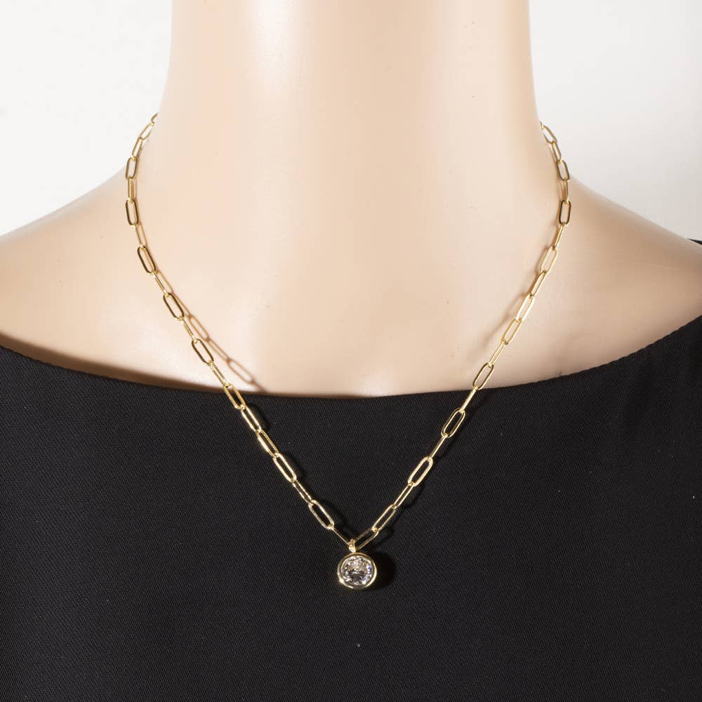 Round Bezel Cz Paperclip Chain Pendant Necklace
