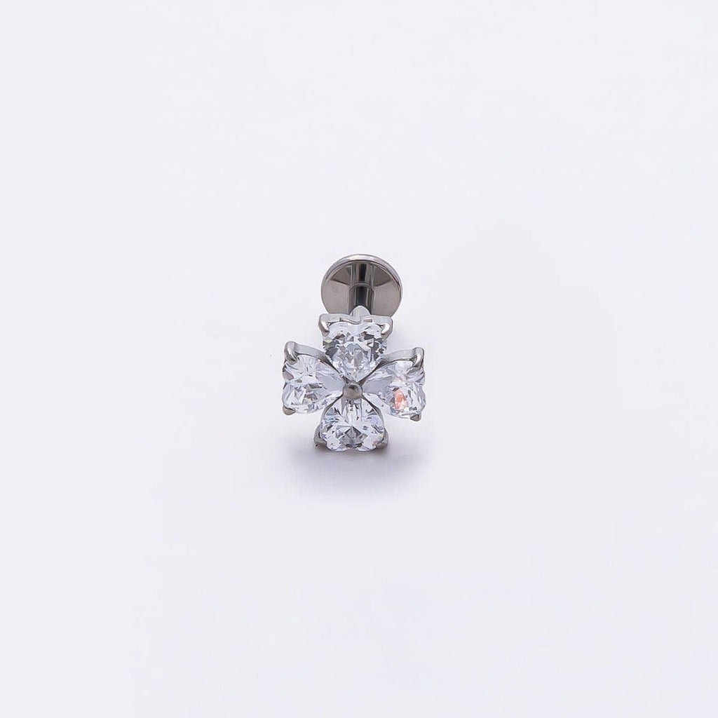 Titanium 6.6mm Clear CZ Heart Clover Single Cartilage Piercing Flat Back Stud in Gold & Silver | Findings-00184 Findings-00185