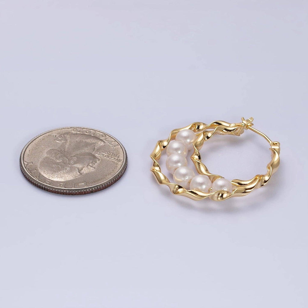 16K Gold Filled Pearl Lined Triple Twisted Bar Latch Earring