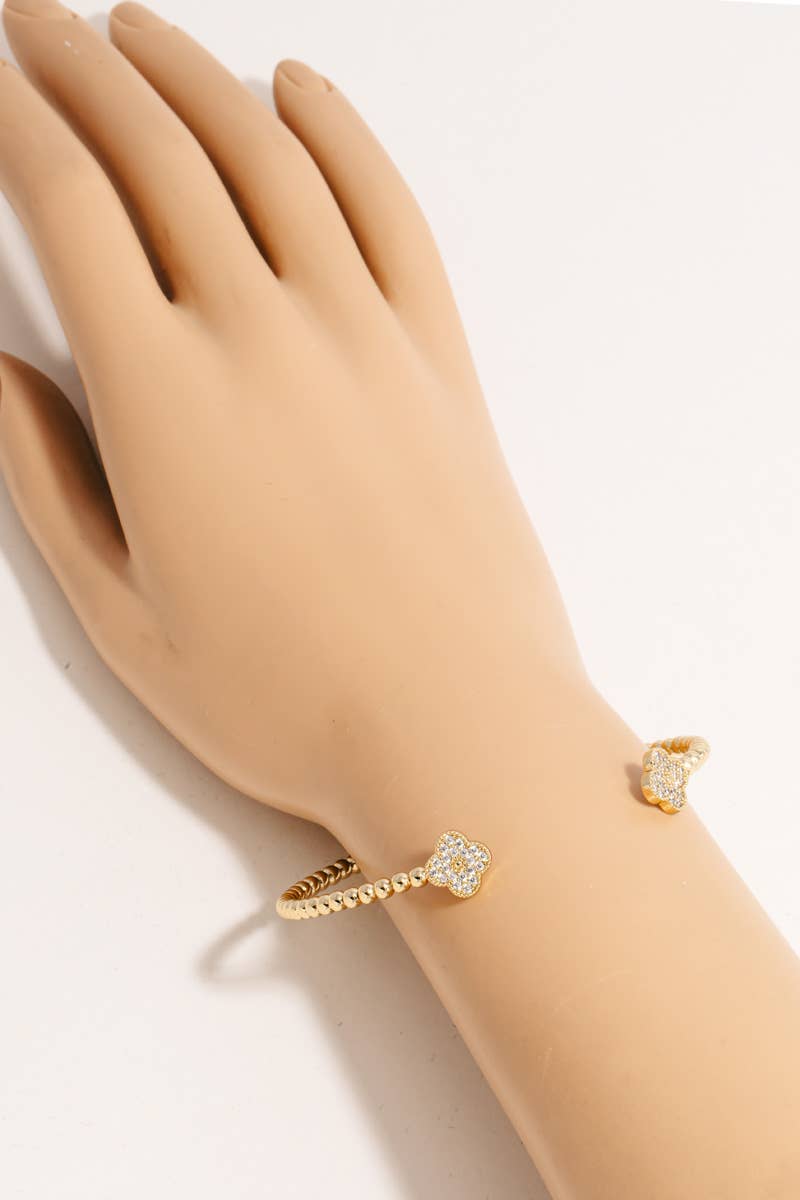 Double Cz Pave Clovers Solid Ball Bead Cuff Bracelet