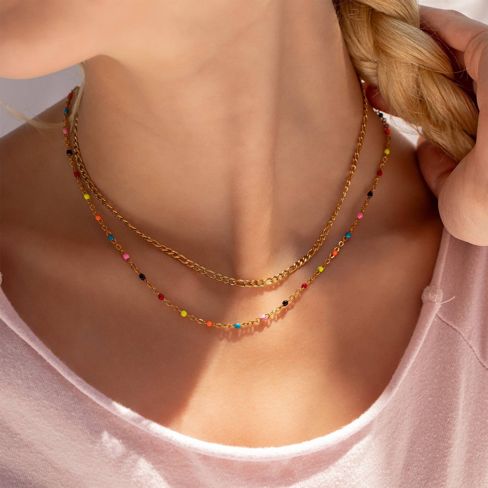 18K Gold PVD Stainless Steel Multi Confetti Chain Necklace