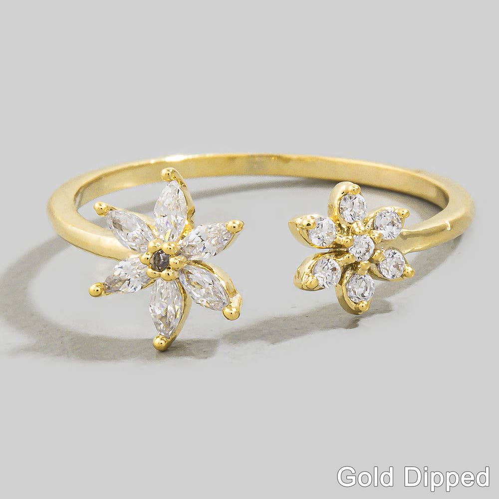 Gold Dipped Cz Double Flower Open Ring