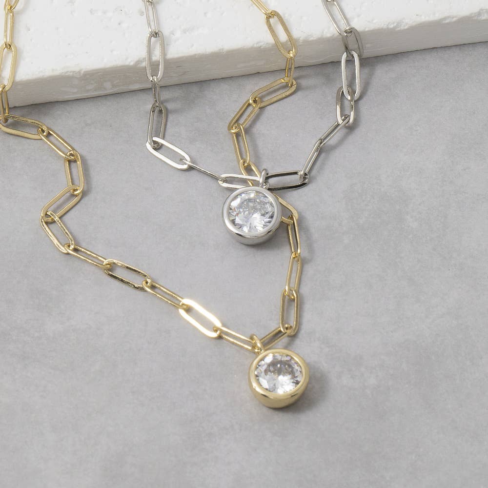 Round Bezel Cz Paperclip Chain Pendant Necklace