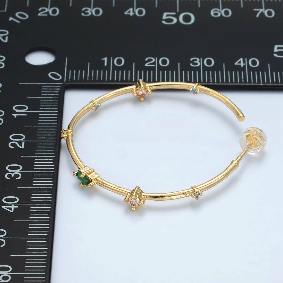 24K Gold Filled 40mm Clear Green Baguette CZ C-Shaped Hoop Earrings | Q300
