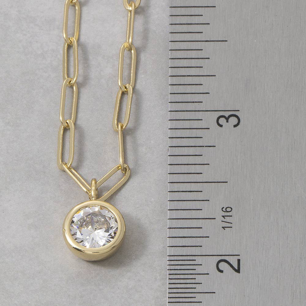 Round Bezel Cz Paperclip Chain Pendant Necklace